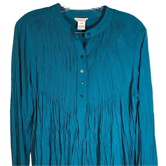 Sundance tunic blouse M green crinkle pin tuck long sleeve rayon popover office - Picture 10 of 10